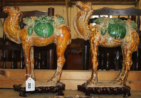 A pair of Chinese green and ochre glazed models of camels, Tang dynasty style, 38.5cm & 39.5cm